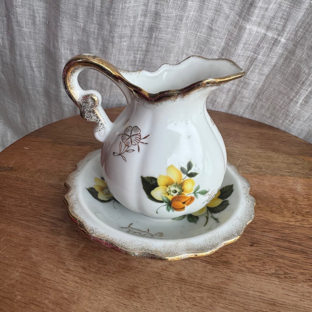 VTG Enesco Mini Pitcher Creamer and Saucer White Yellow Floral Gold Trim Japan